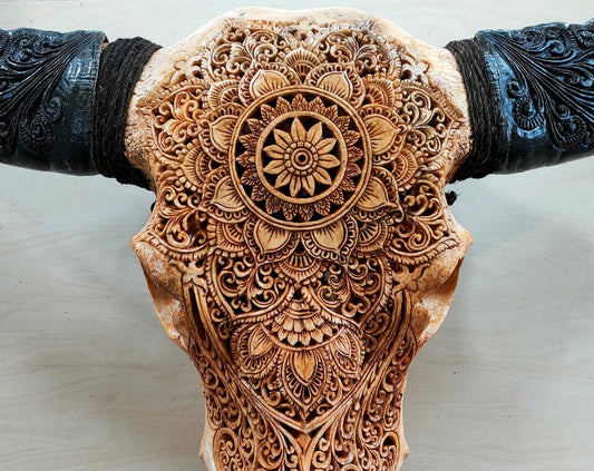 carve buffalo skull Mandala lotus huge