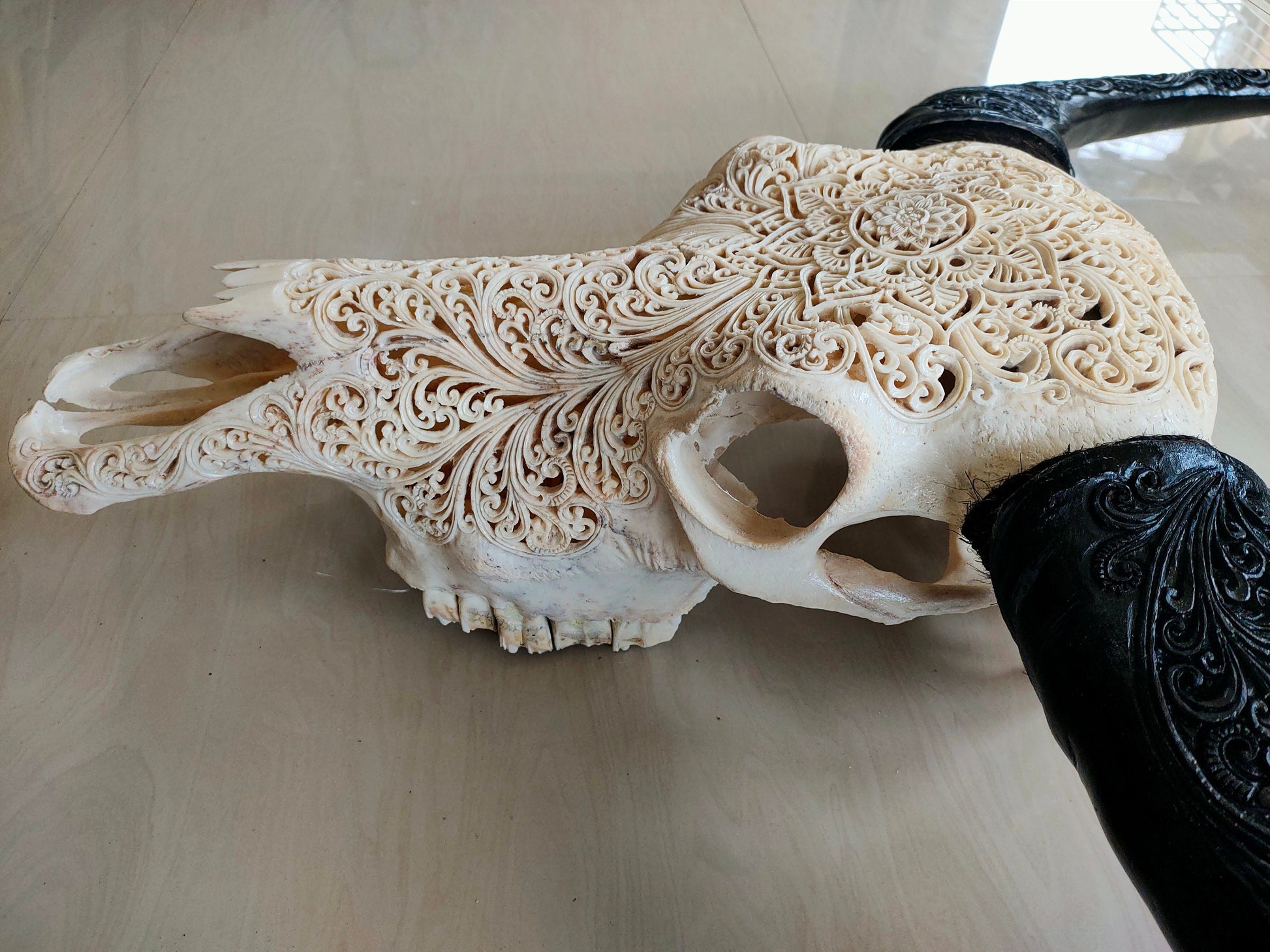 carve buffalo skull mandala full horn carving