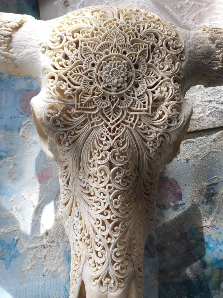 carve buffalo skull mandala full horn carving