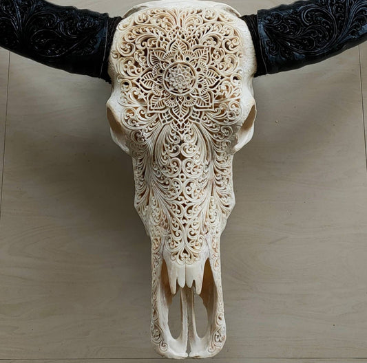 carve buffalo skull mandala full horn carving