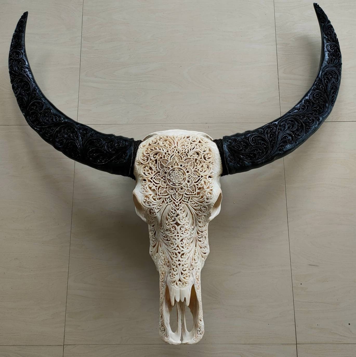 carve buffalo skull mandala full horn carving