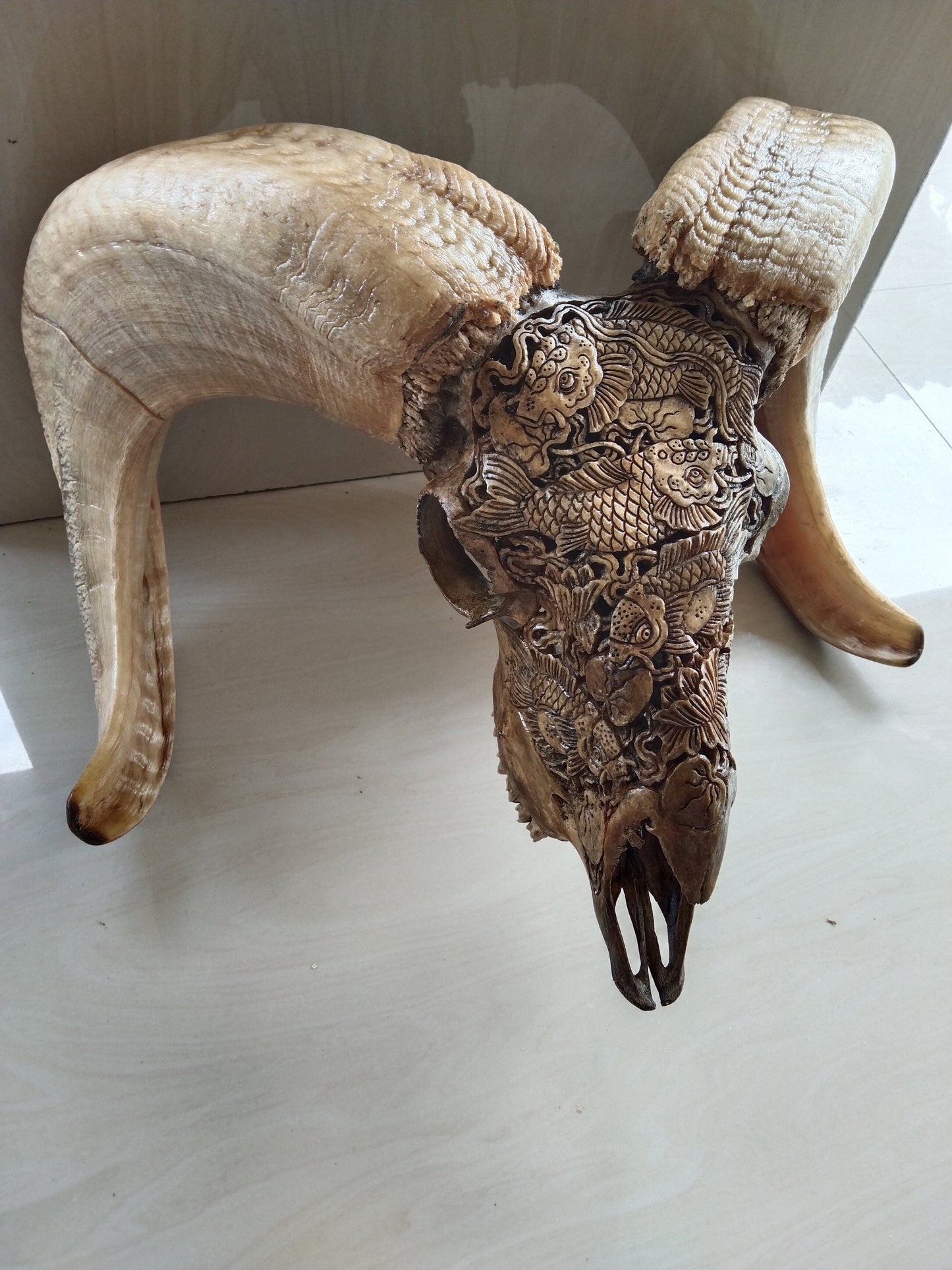 ram skull sheep skull carving koi japan style