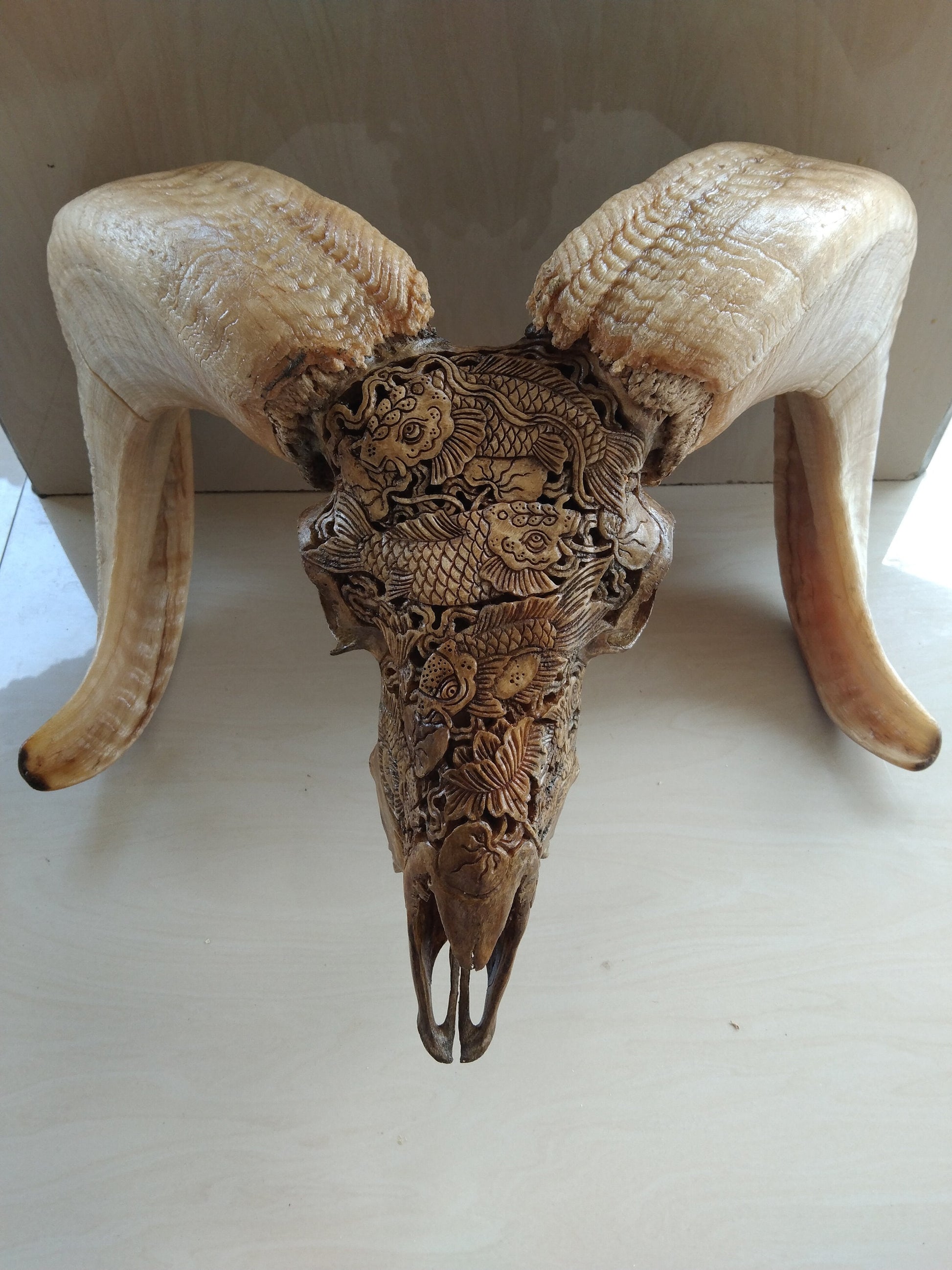 ram skull sheep skull carving koi japan style