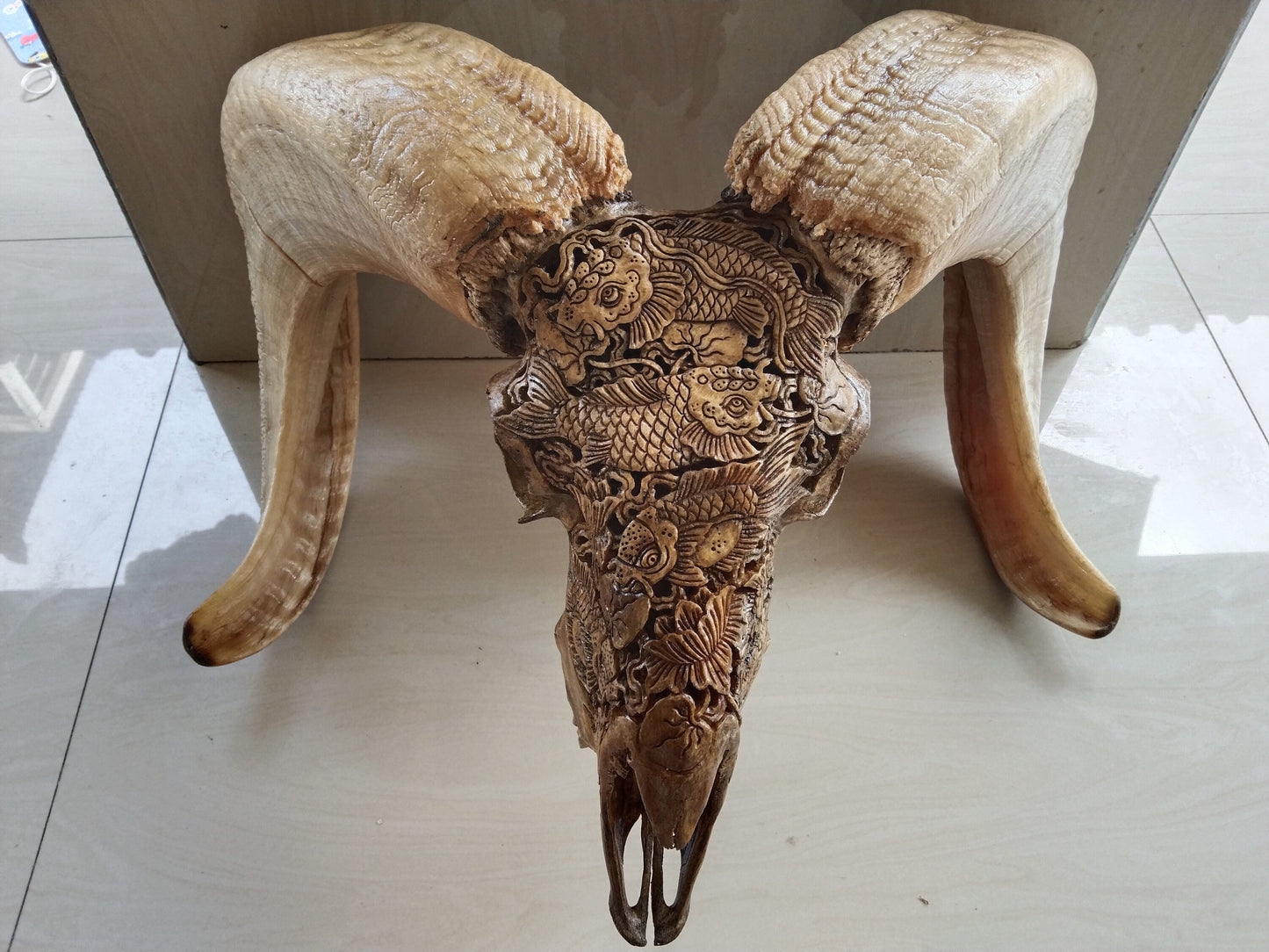 ram skull sheep skull carving koi japan style