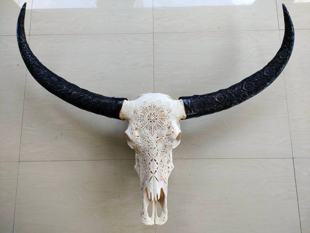 carve buffalo skull with long carved horn mandala