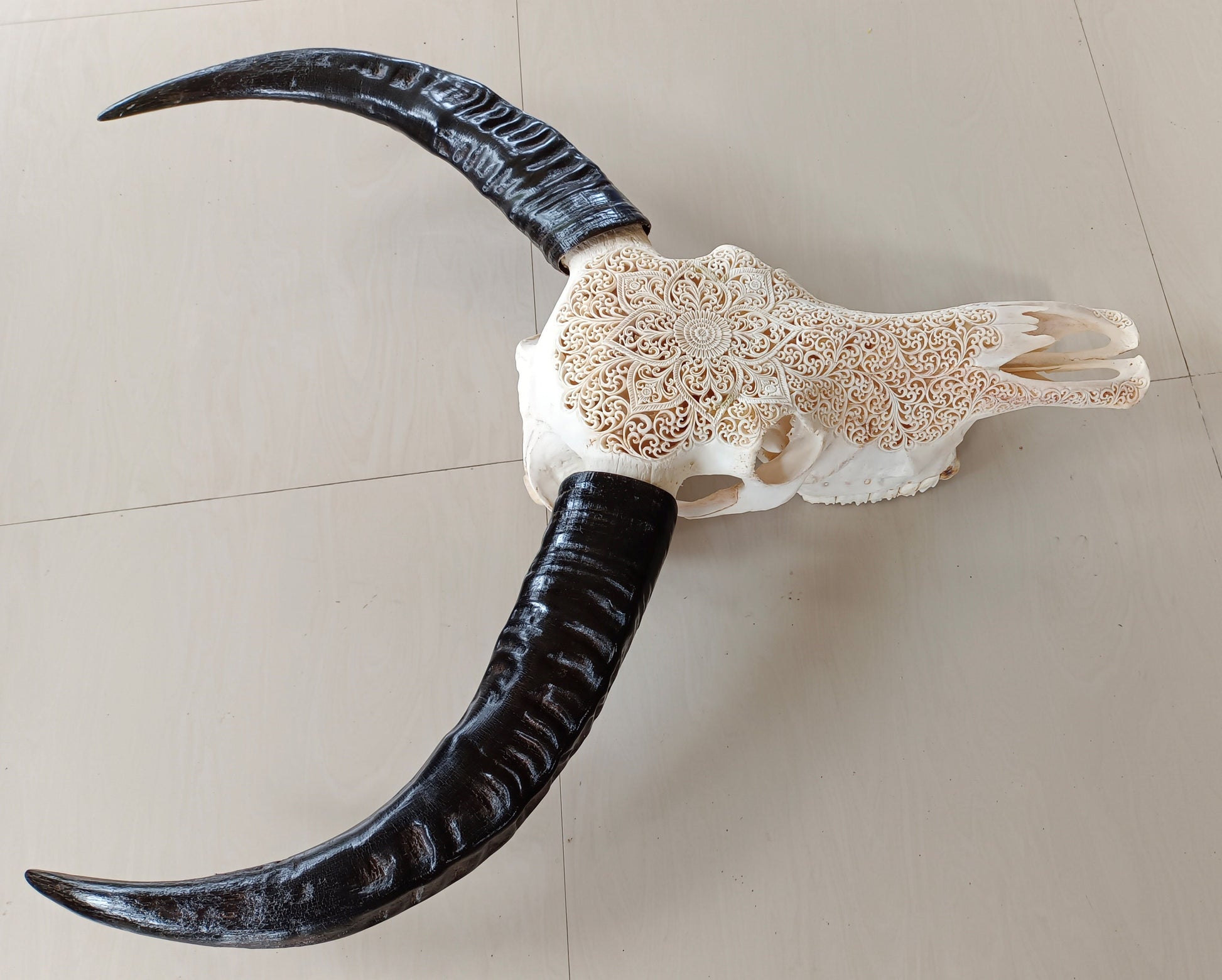 carved skull buffalo skull floral patern