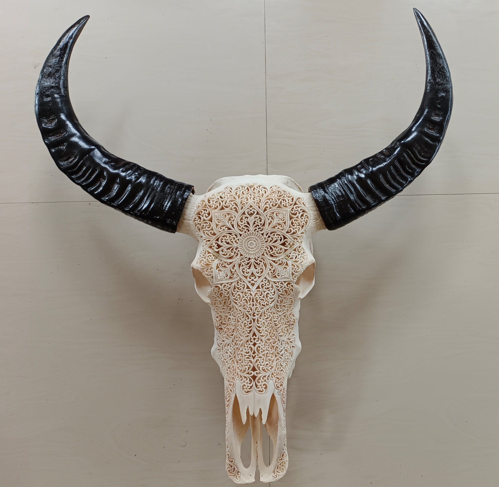 carved skull buffalo skull floral patern