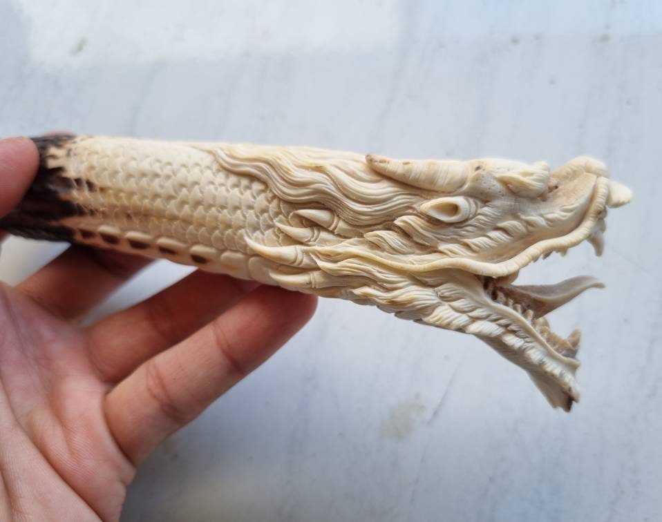 Deer antler carving dragon for knife handle antler