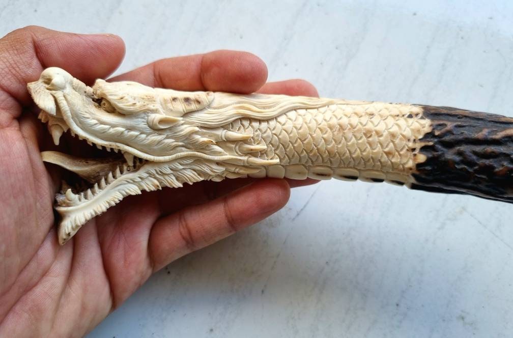 Deer antler carving dragon for knife handle antler