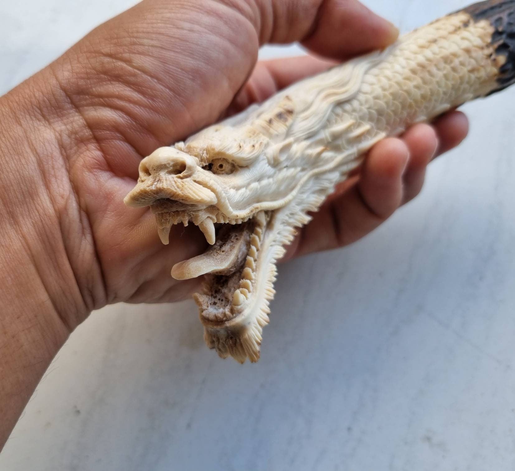 Deer antler carving dragon for knife handle antler