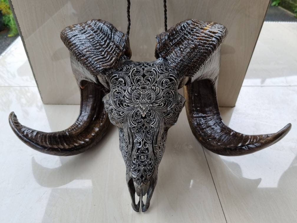 carve goat skull carving floral grey style