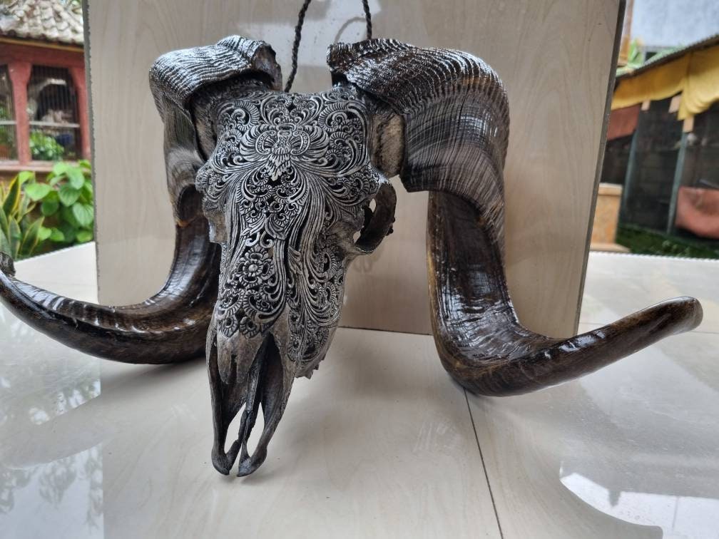 carve goat skull carving floral grey style