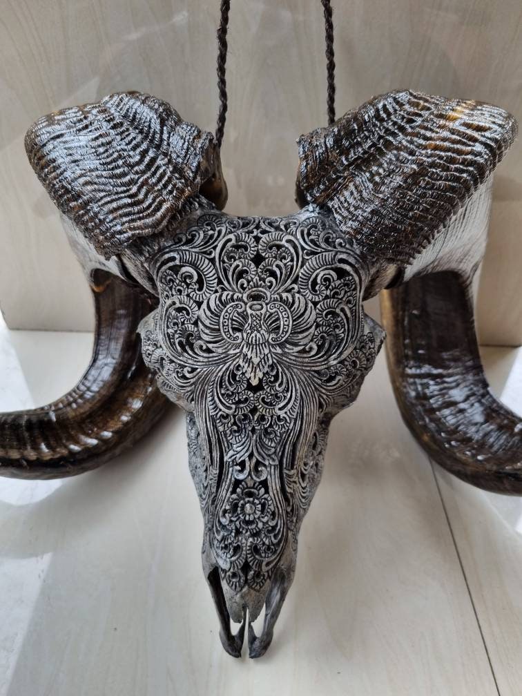 carve goat skull carving floral grey style