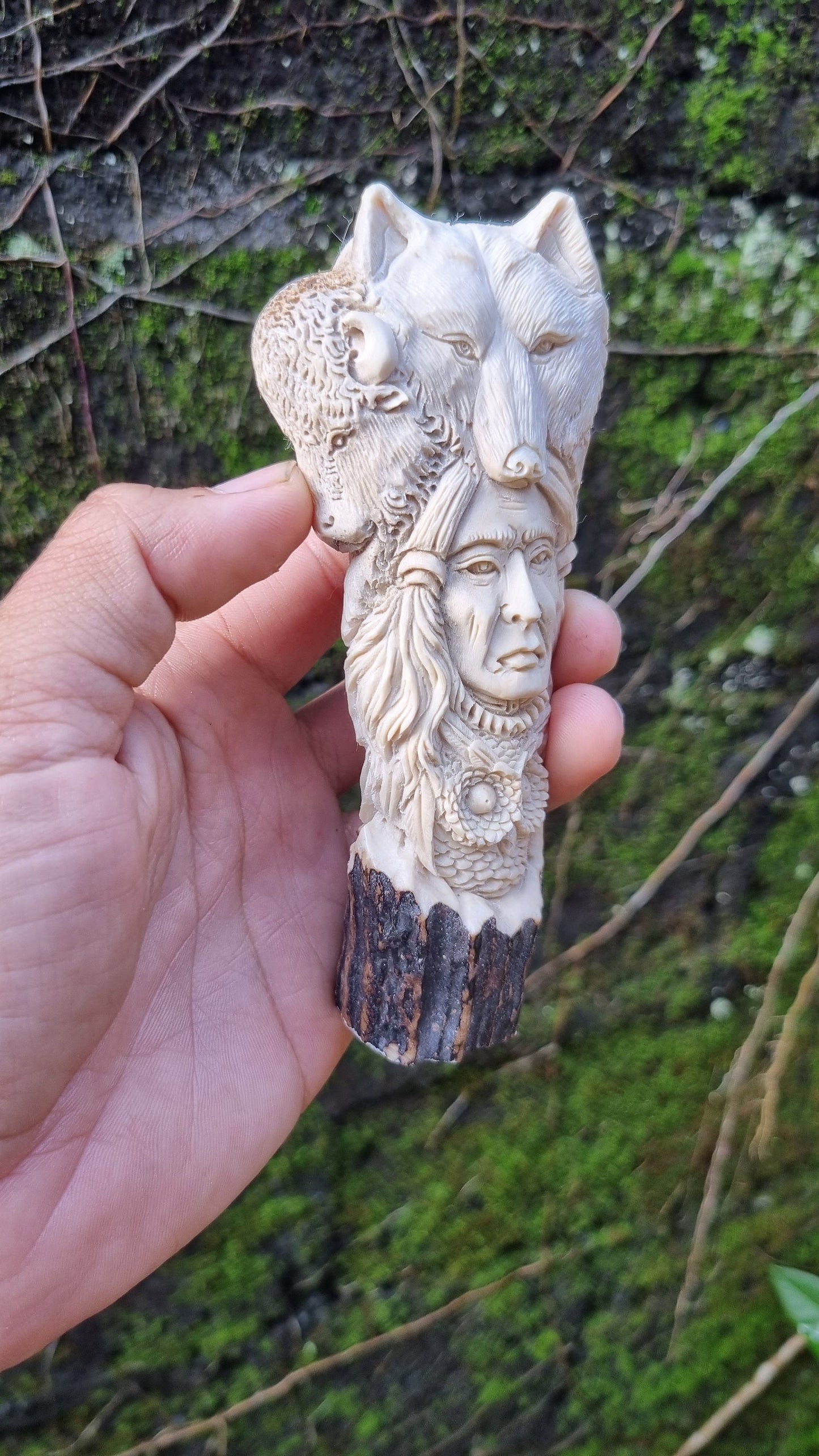 Deer antler carving Indian relieft for handle