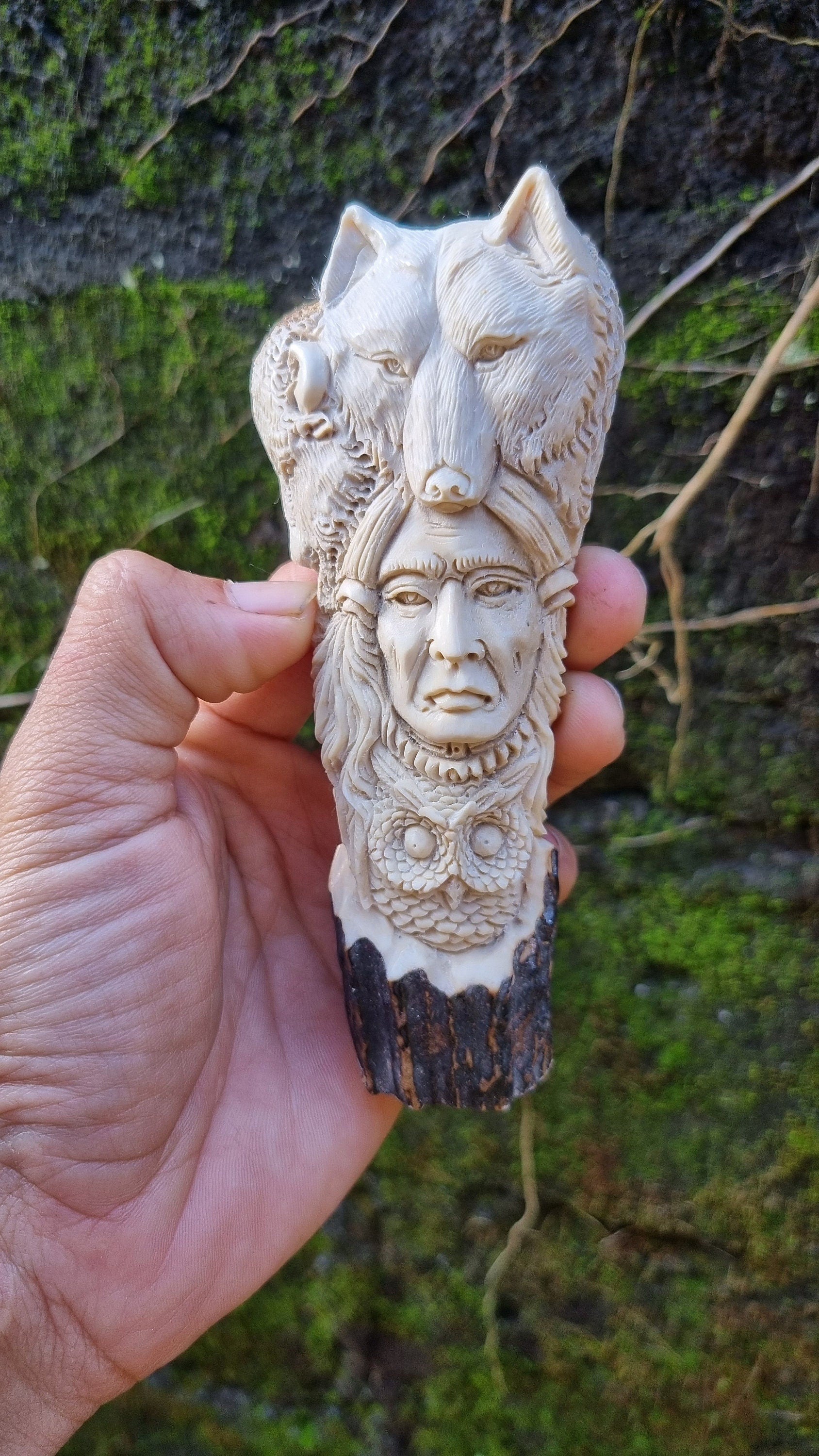 Deer antler carving Indian relieft for handle