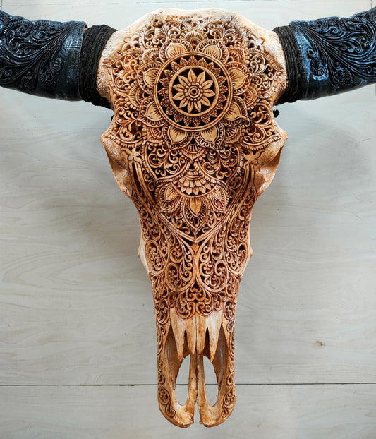 carve buffalo skull Mandala lotus huge