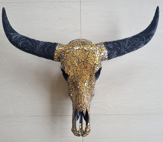 SKULL art glass mosaic gold buffalo skull