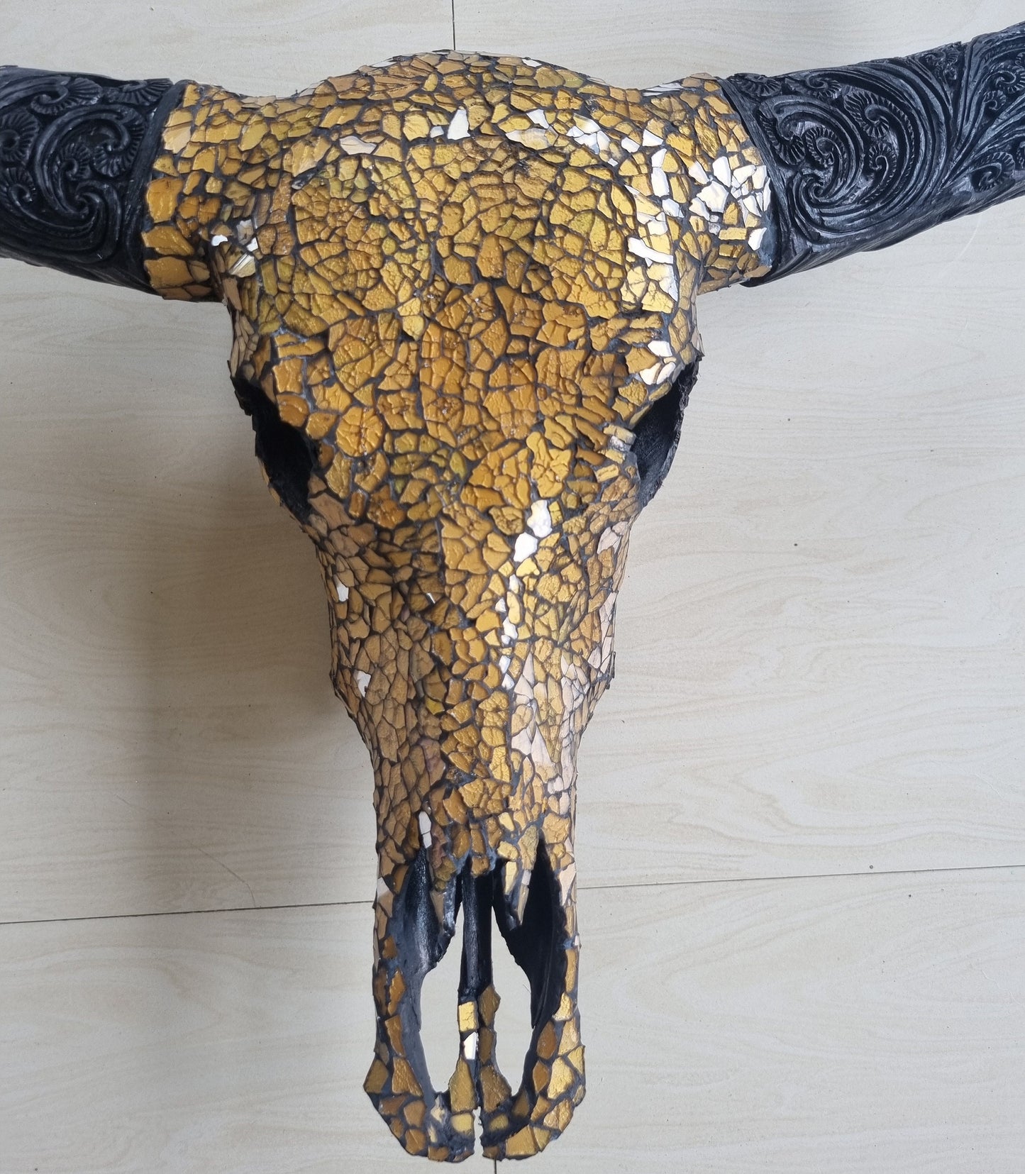 SKULL art glass mosaic gold buffalo skull