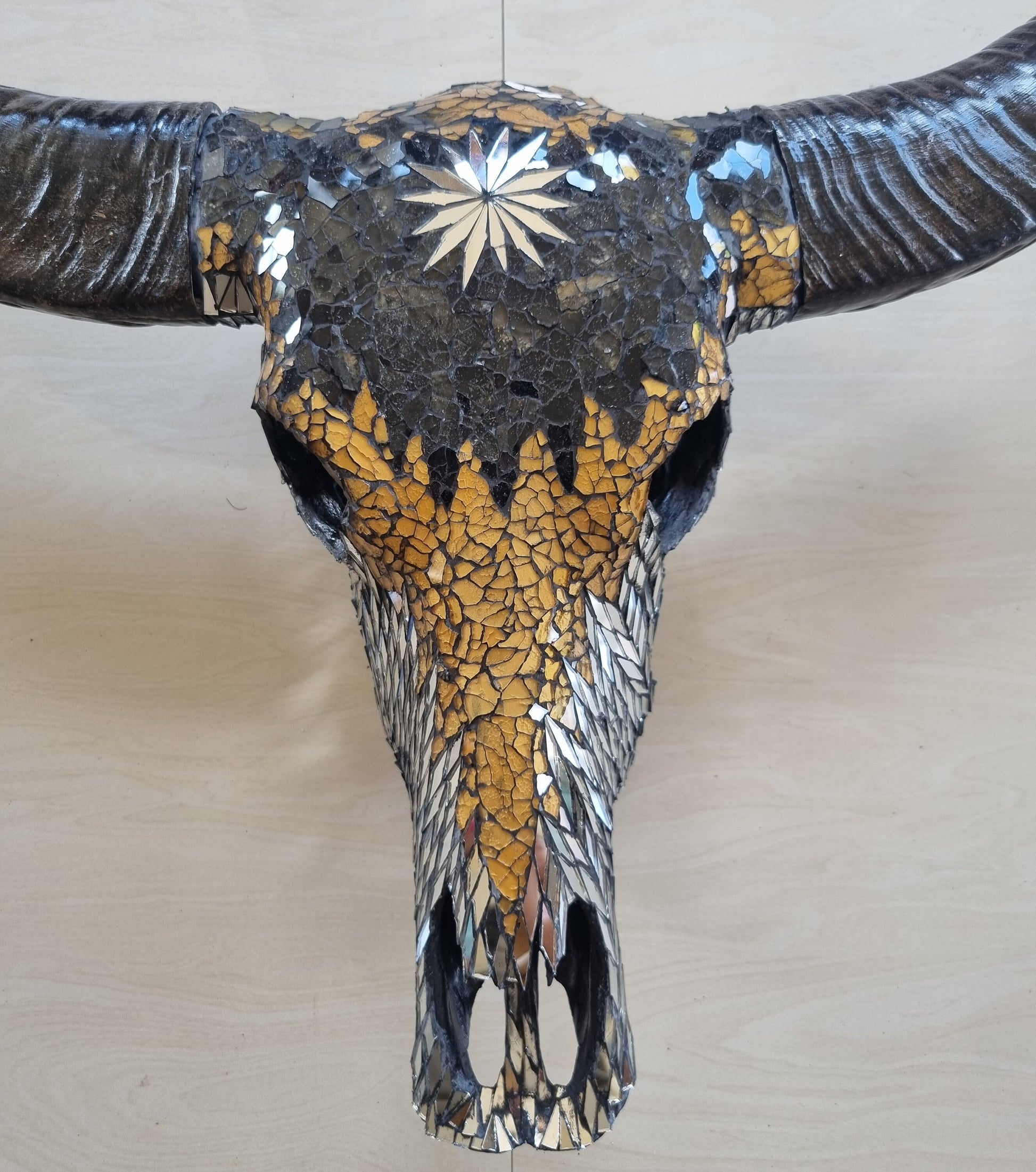 SKULL art glass mosaic gold mixed buffalo skull mirror