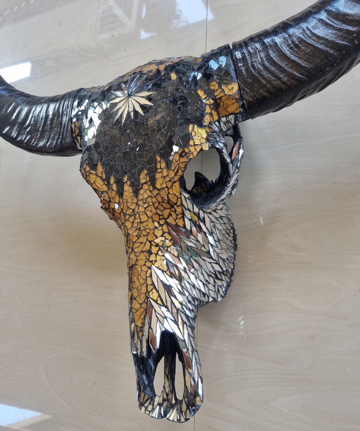 SKULL art glass mosaic gold mixed buffalo skull mirror