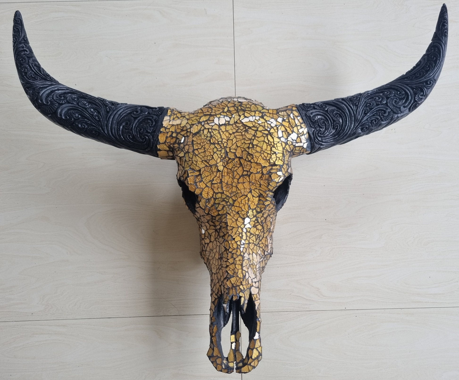 SKULL art glass mosaic gold buffalo skull