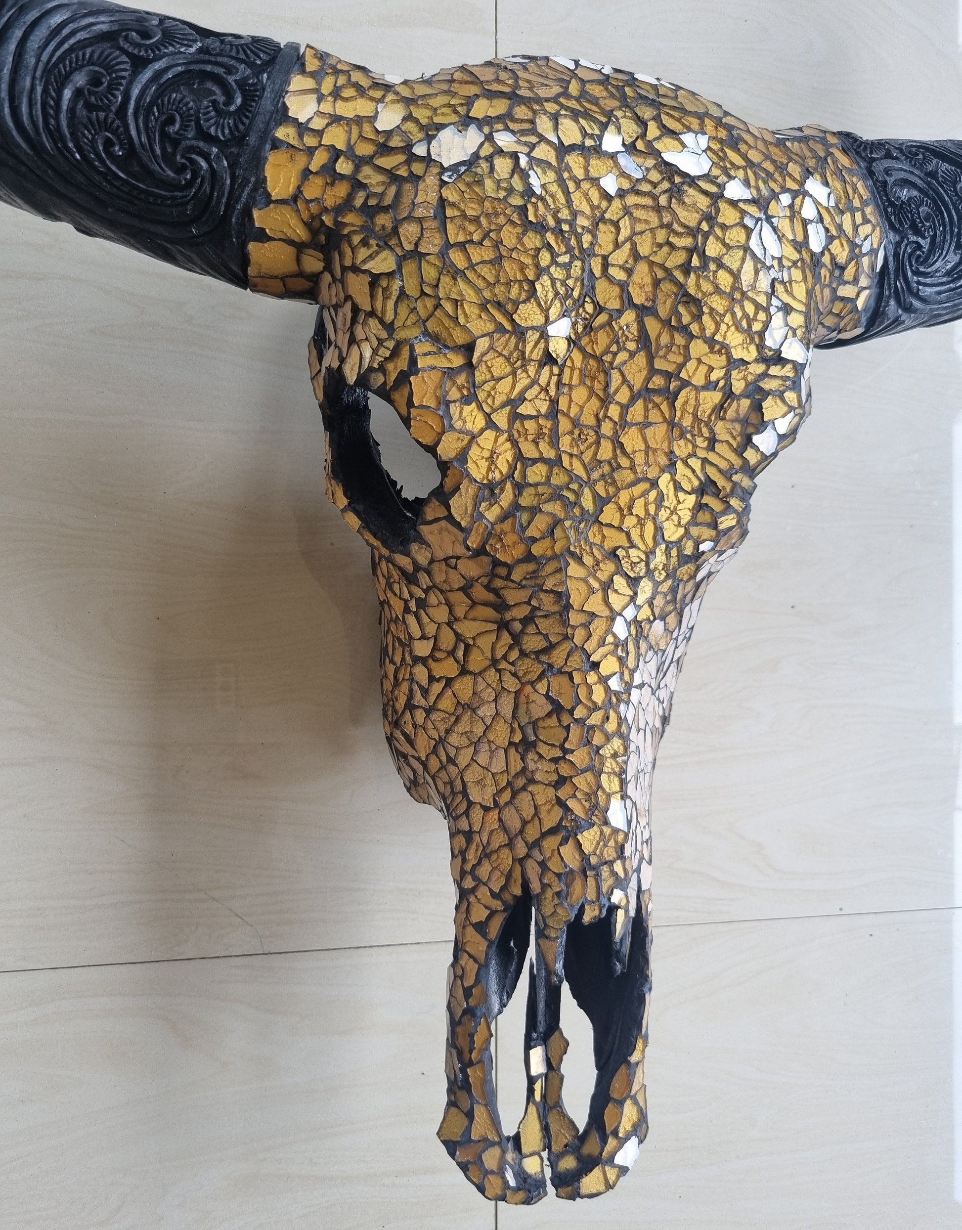 SKULL art glass mosaic gold buffalo skull