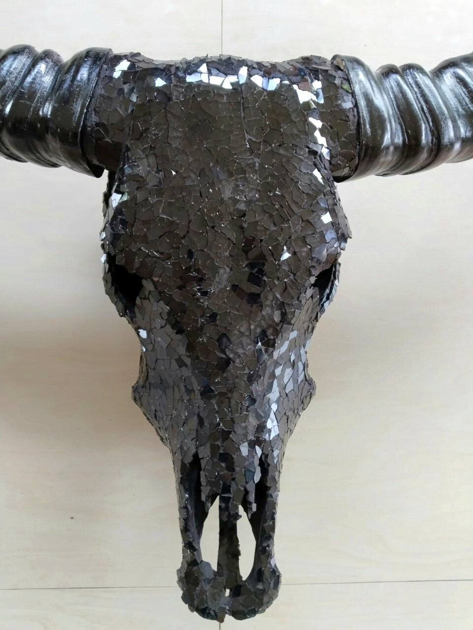 SKULL art glass mosaic black mixed buffalo skull mirror