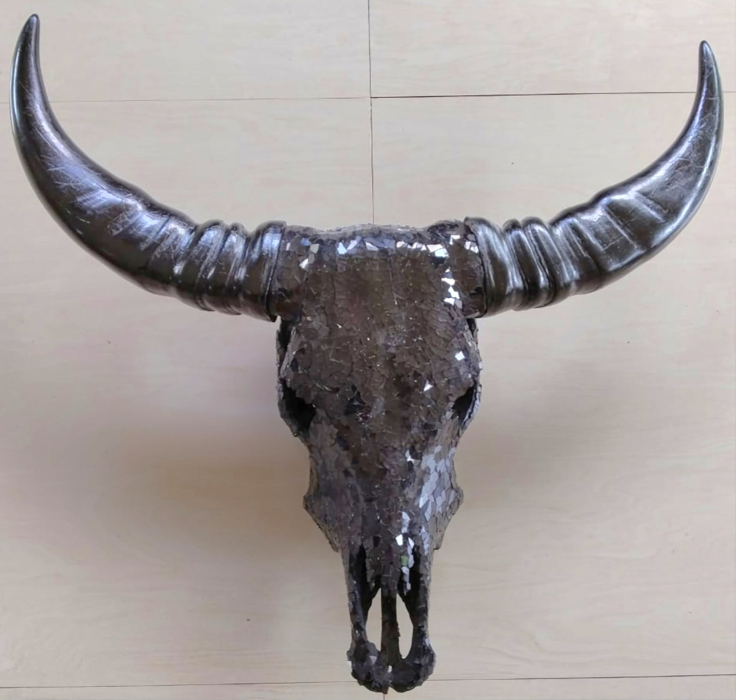 SKULL art glass mosaic black mixed buffalo skull mirror