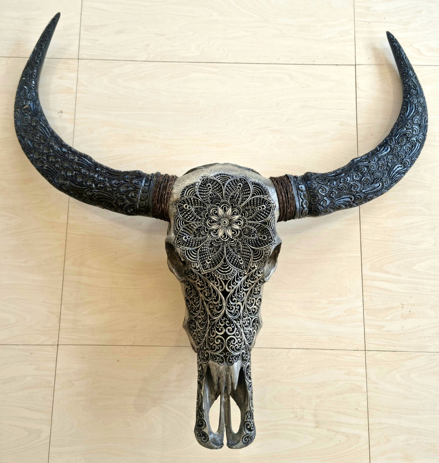 Carve buffalo skull carving mandala leaf with carved horn