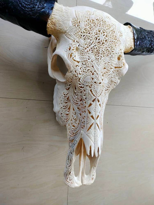 carve buffalo skull with long carved horn mandala