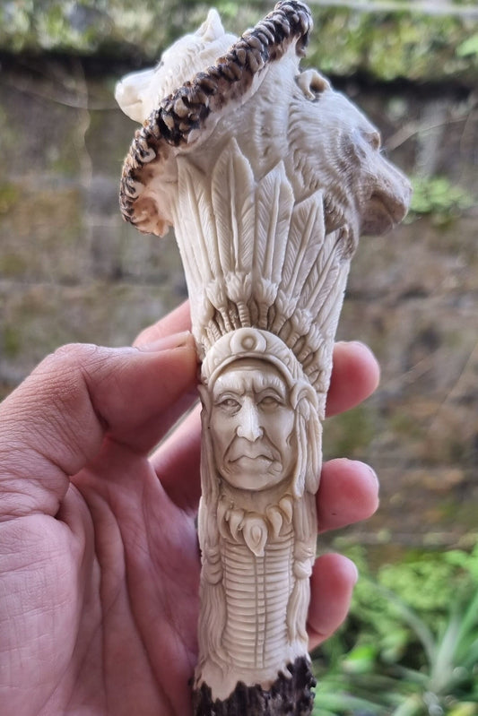 Deer antler carving Indian relieft for handle