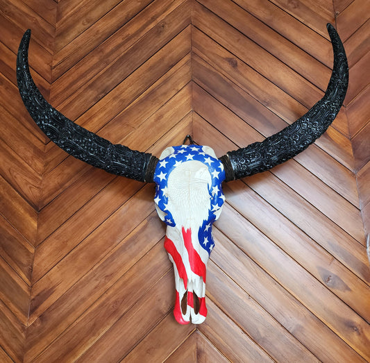 buffalo skull carving eagle American flag with carved horn