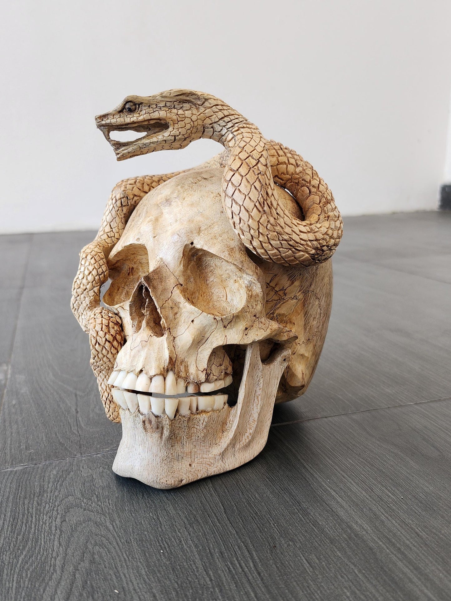 human skull art carving Skull snake wood