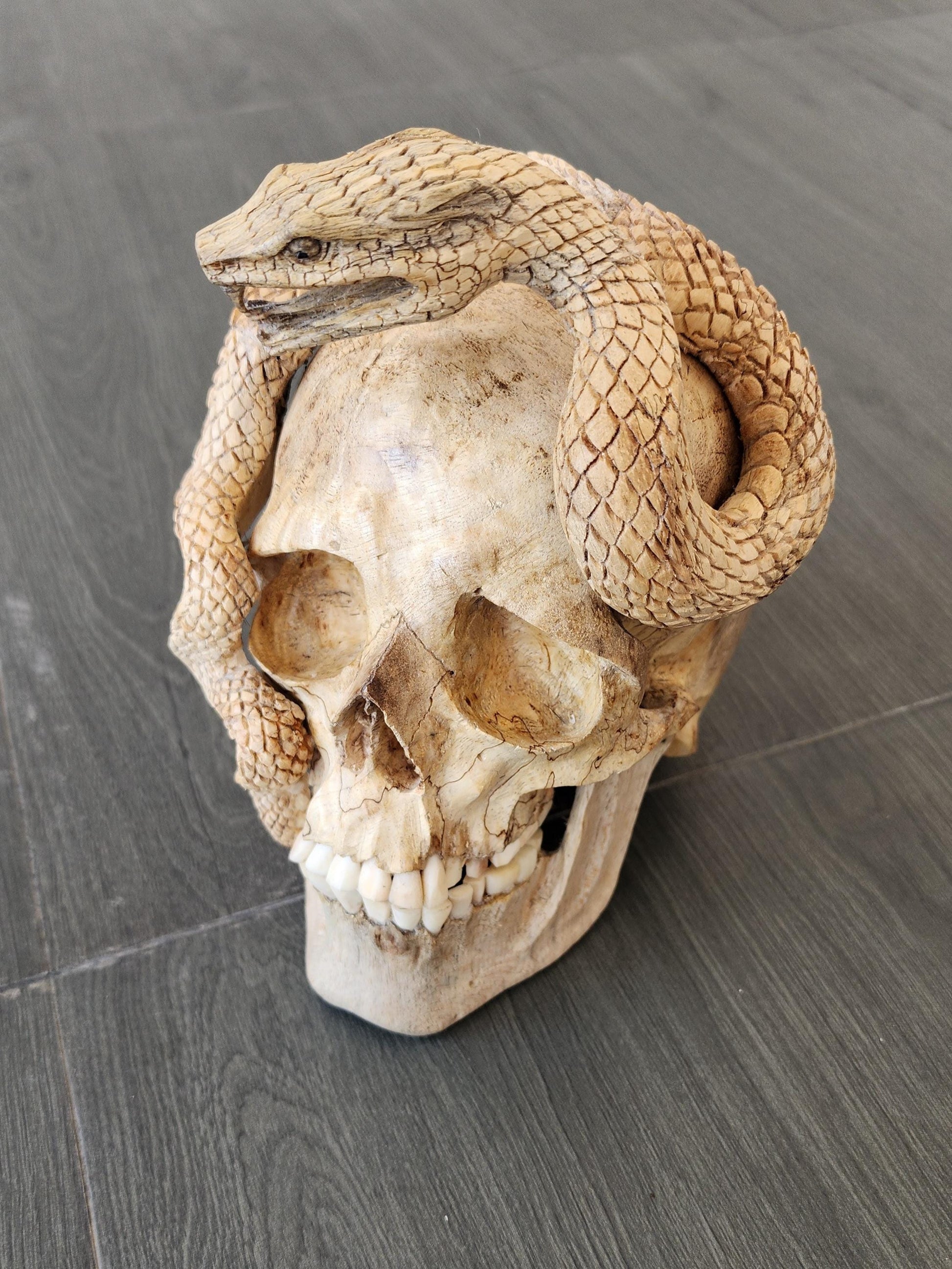 human skull art carving Skull snake wood