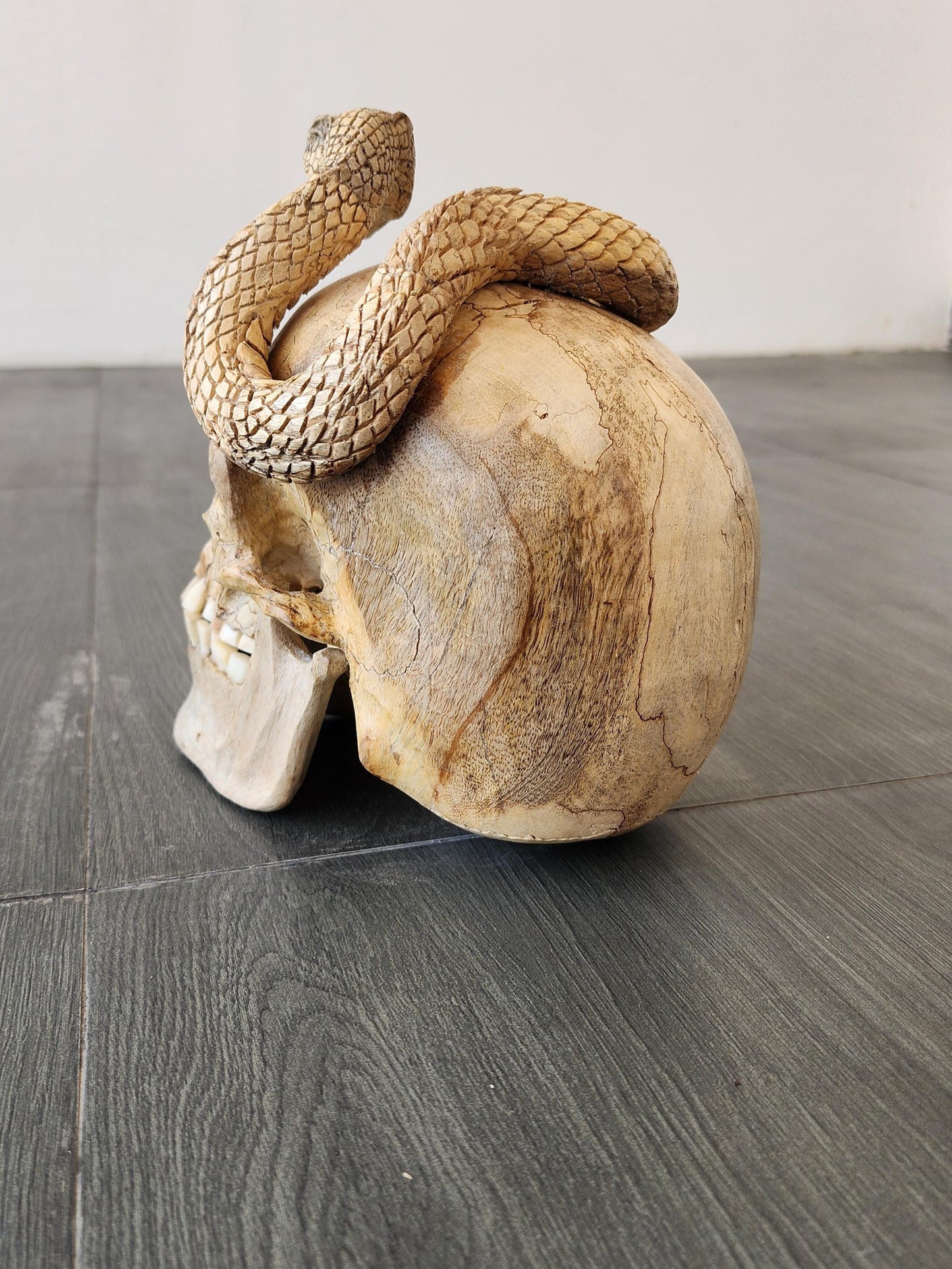 human skull art carving Skull snake wood