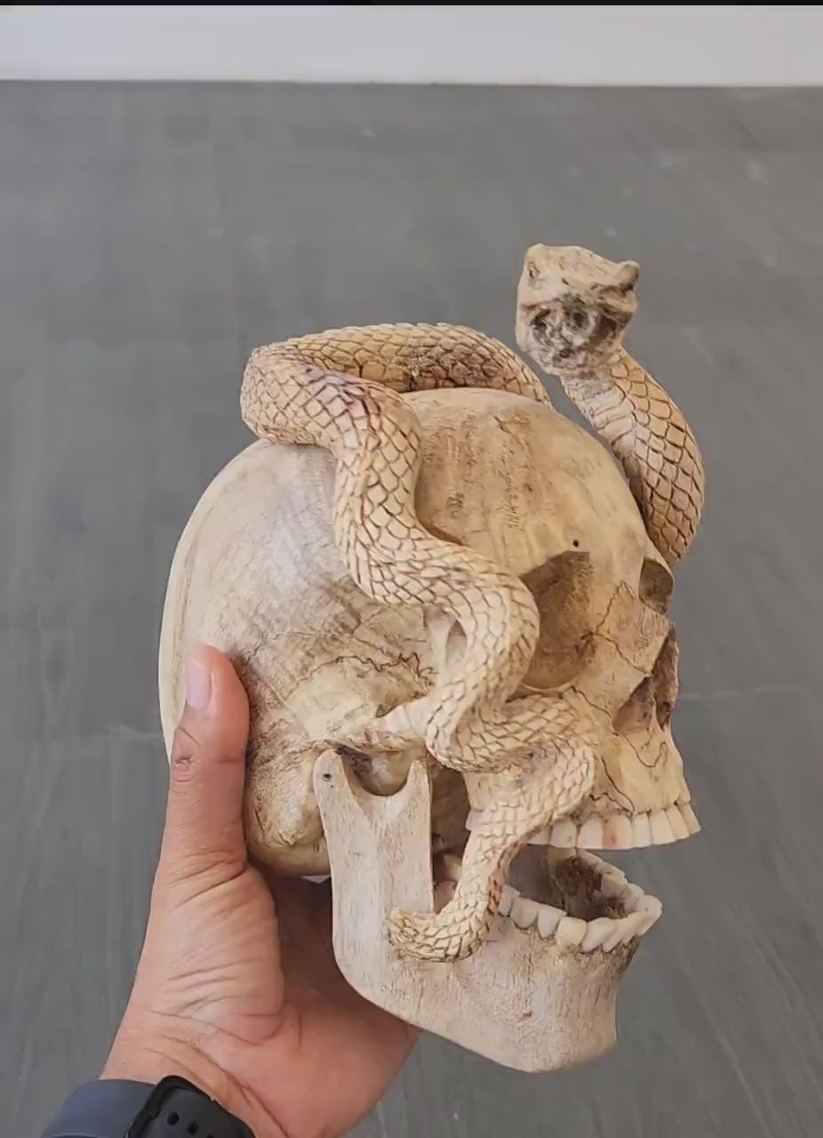 human skull art carving Skull snake wood